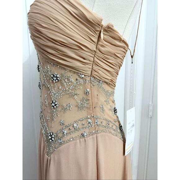 Basix II Nude Illusion Peach Silk Chiffon Beaded Jeweled Maxi Evening Gown 2 NWT - Picture 6 of 12